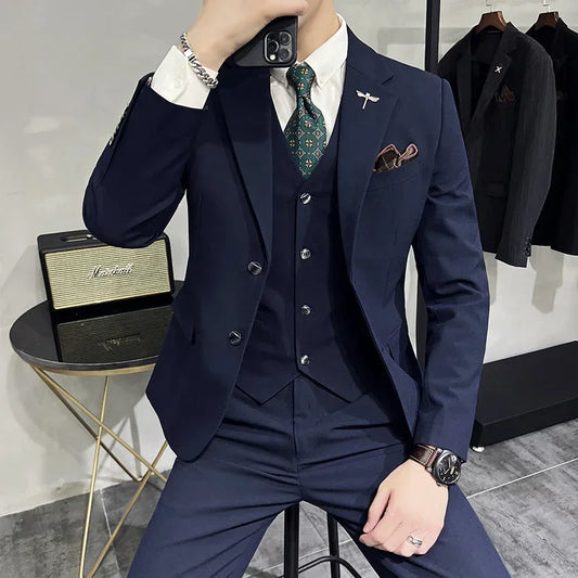 Traje de negocios estilo coreano de 3 piezas para hombre, Chaqueta, chaleco y pantalones.